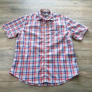 Dukes Bark Men L Plaid Short Sleeve Button Up Shirt Seersucker Casual Patriotic